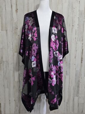 J. Jill Black Purple Sheer Floral Velvet Burnout Kimono Ruana Cardigan One Size